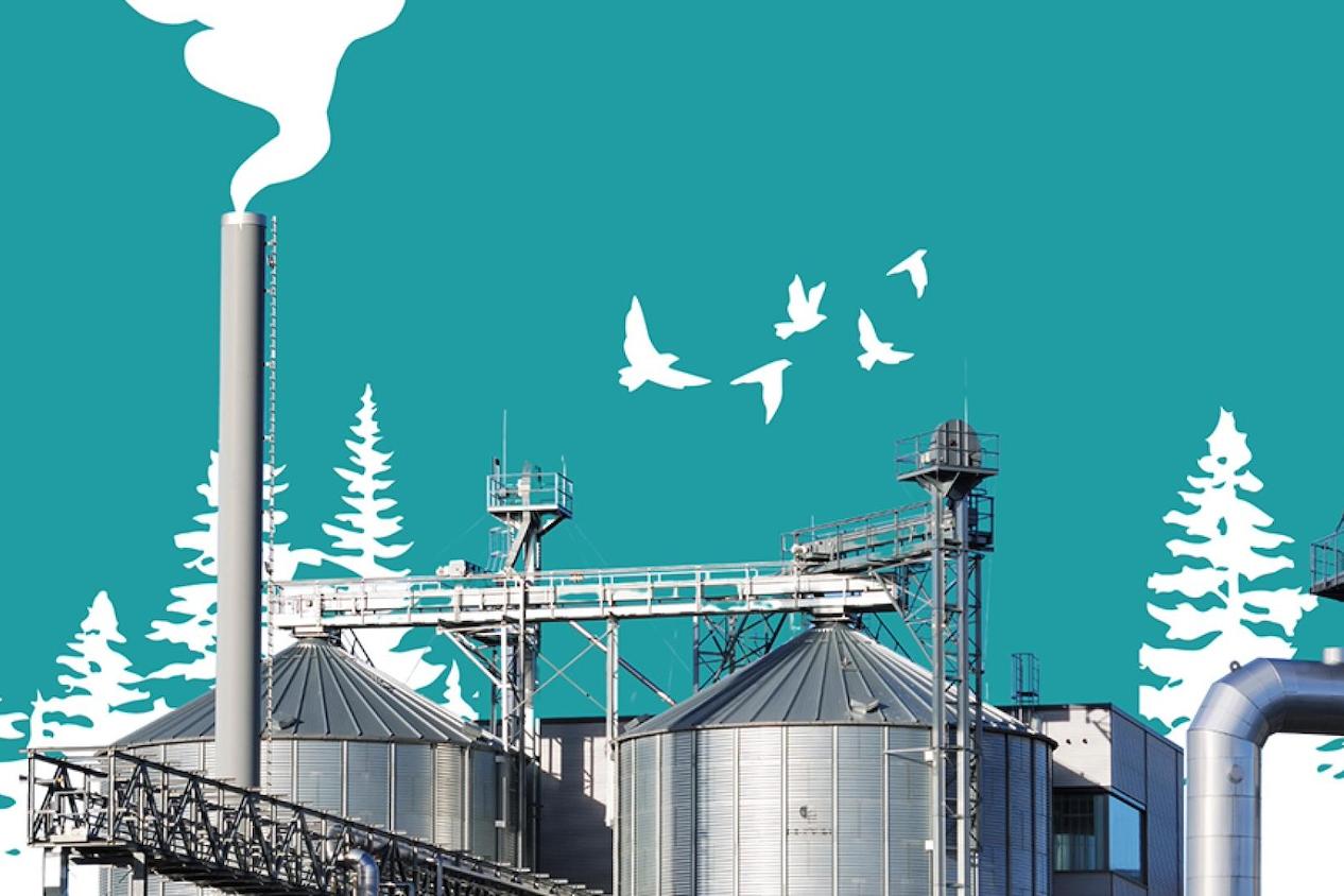 A graphic of a factory with a smokestack surrounded by trees and birds — corporate sustainability